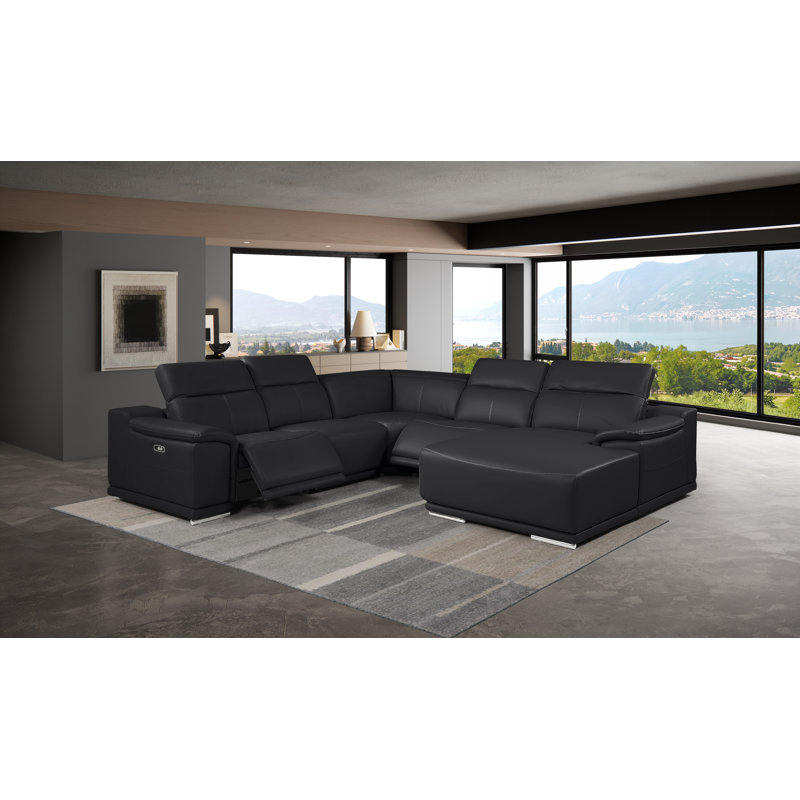 Canapé modulaire noir en cuir véritable 5 pièces faisant face à droite avec 2 fauteuils inclinables électriques et appuis-tête réglables