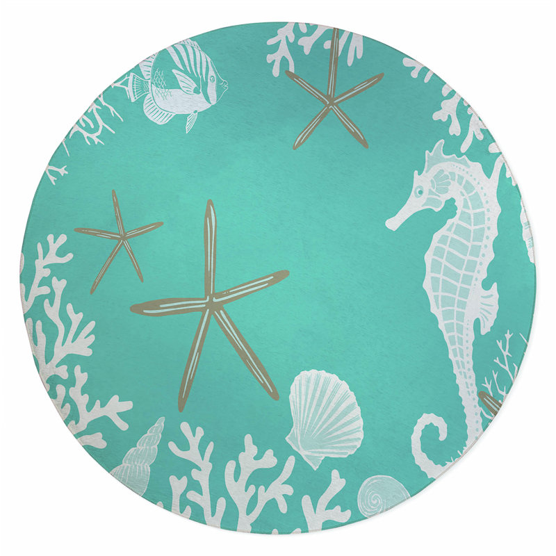 Coral & Seahorse Outdoor Rug, Round 5'