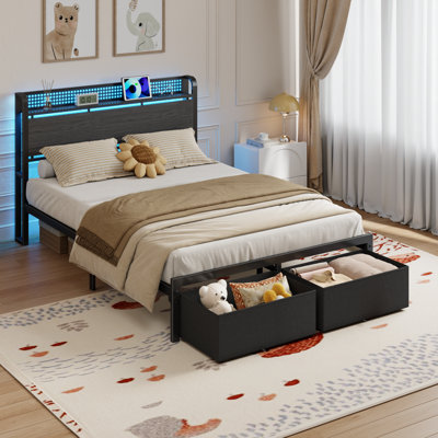 Bed Frame with Storage Headboard, Metal Platform Bed Frame, LED Lights and Charging Station