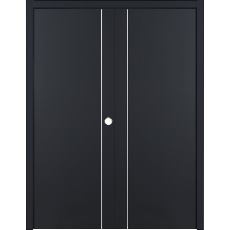 Glam G-Pro 003 Porte intérieure double moderne laminée pré-suspendue noire douce 48 po x 96 po, Gauche, 48" x 96"