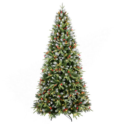 Arbre de Noël 6 pi avec 350 lumières DEL blanc chaud - 1593 branches en PE + PVC, baies rouges et pommes de pin, conception à charnières, support en métal stable - décoration de Noël réaliste