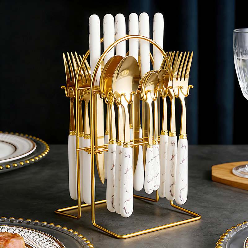 24-Piece Stainless Steel Cutlery Set with Storage Rack, White/Gold