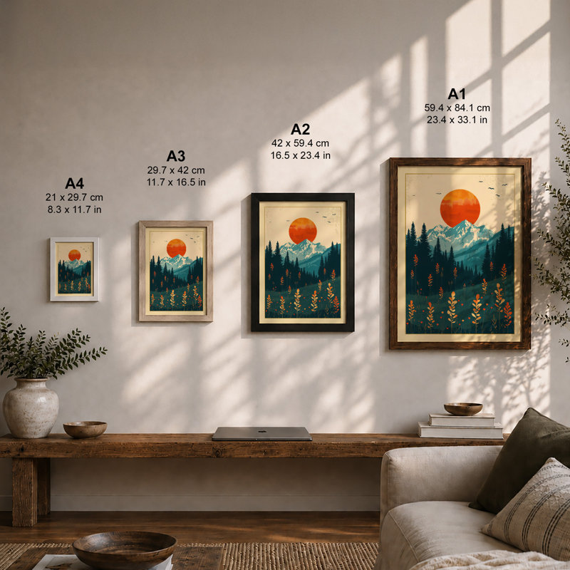 Mountain Under Golden Sun Minimalist - Framed Print, A3 - 42.0 x 29.7 cm, Unframed