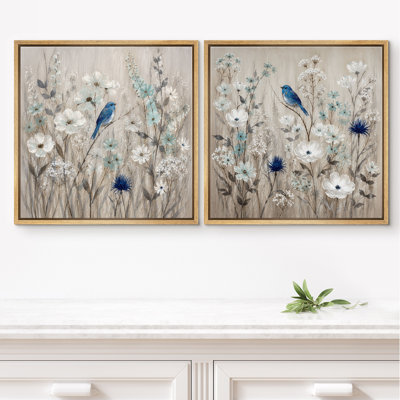 Blue Bird And White Wildflower Meadow With Gentle Neutral Botanical Style Framed Canvas Master Bedroom Wall Art Work 2 Pieces Print Set