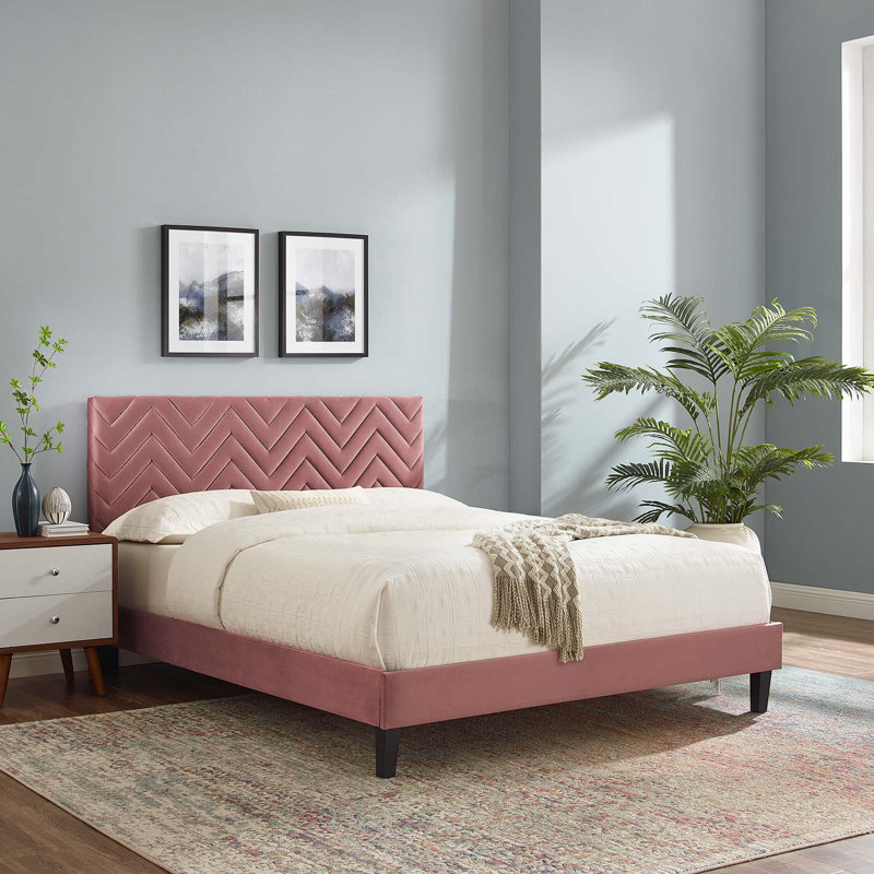 Modway Leah Chevron Tufted Performance Velvet Platform Bed, Pink, Full / Double