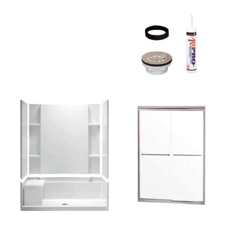 Accord 60" W x 74.5" H Framed Rectangle Sliding Shower Stall with Seat and Base Included, Satin Nickel/White