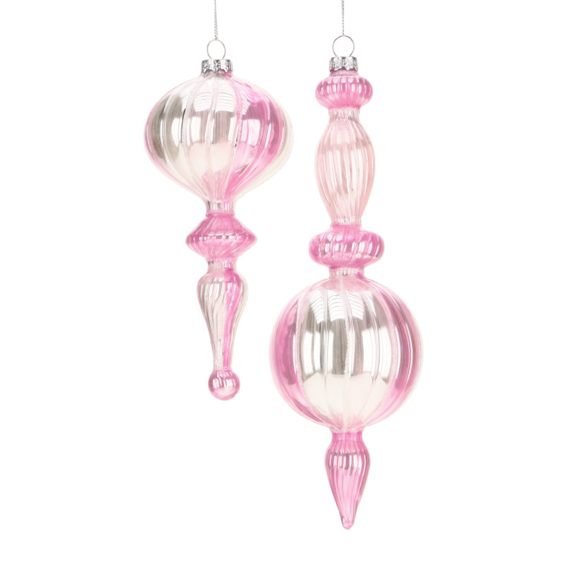 Fancy Pink Striped Finial Ornament - 7-10 Inches Set Of 6