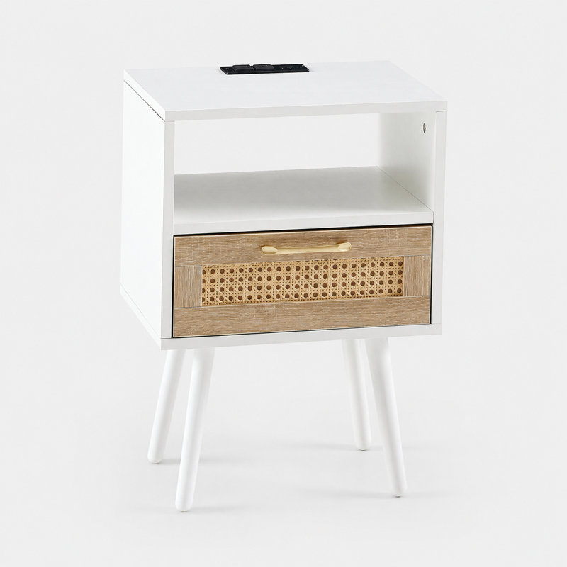 Table de bout en rotin 15 pouces avec ports USB et prise de courant Meshoppen (ensemble de 2), White