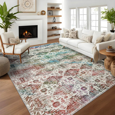 Tapis lavable vert - Tapis géométrique floral rétro Boho - Velours antidérapant - Décor neutre pour salon, chambre à coucher, salle à manger, espace d'apprentissage, dortoir, chambre de bébé, chambre d'enfant