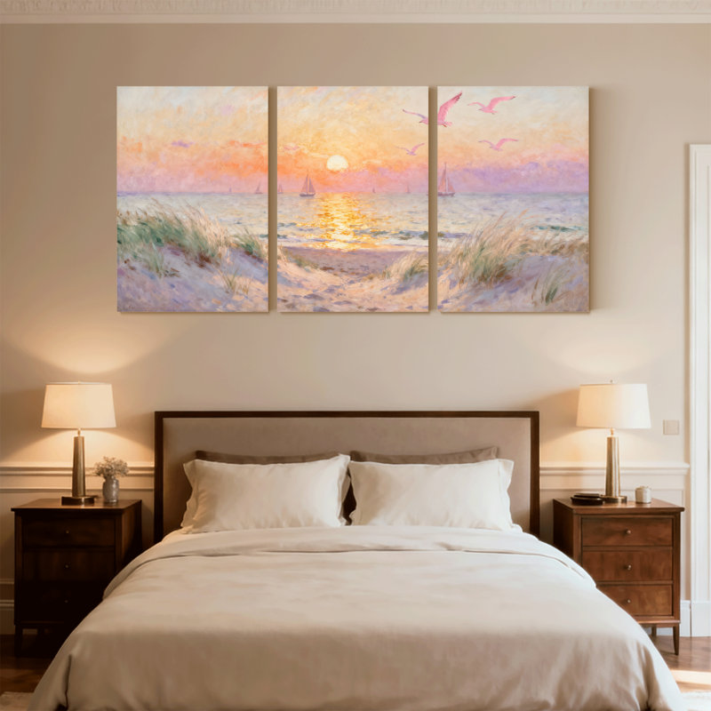 Plage, coucher de soleil, plage, voiliers et oiseaux, ensemble de 3 impressions sur toile, H 18 po x l 36 po