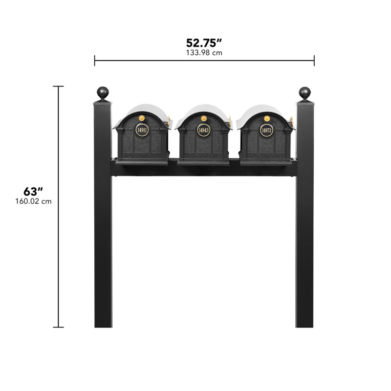 Boîte aux lettres à triple fixation Balmoral / avec embouts sphériques et médaillon de porte personnalisé (3 boîtes aux lettres, support à trois supports, 3 médaillons)