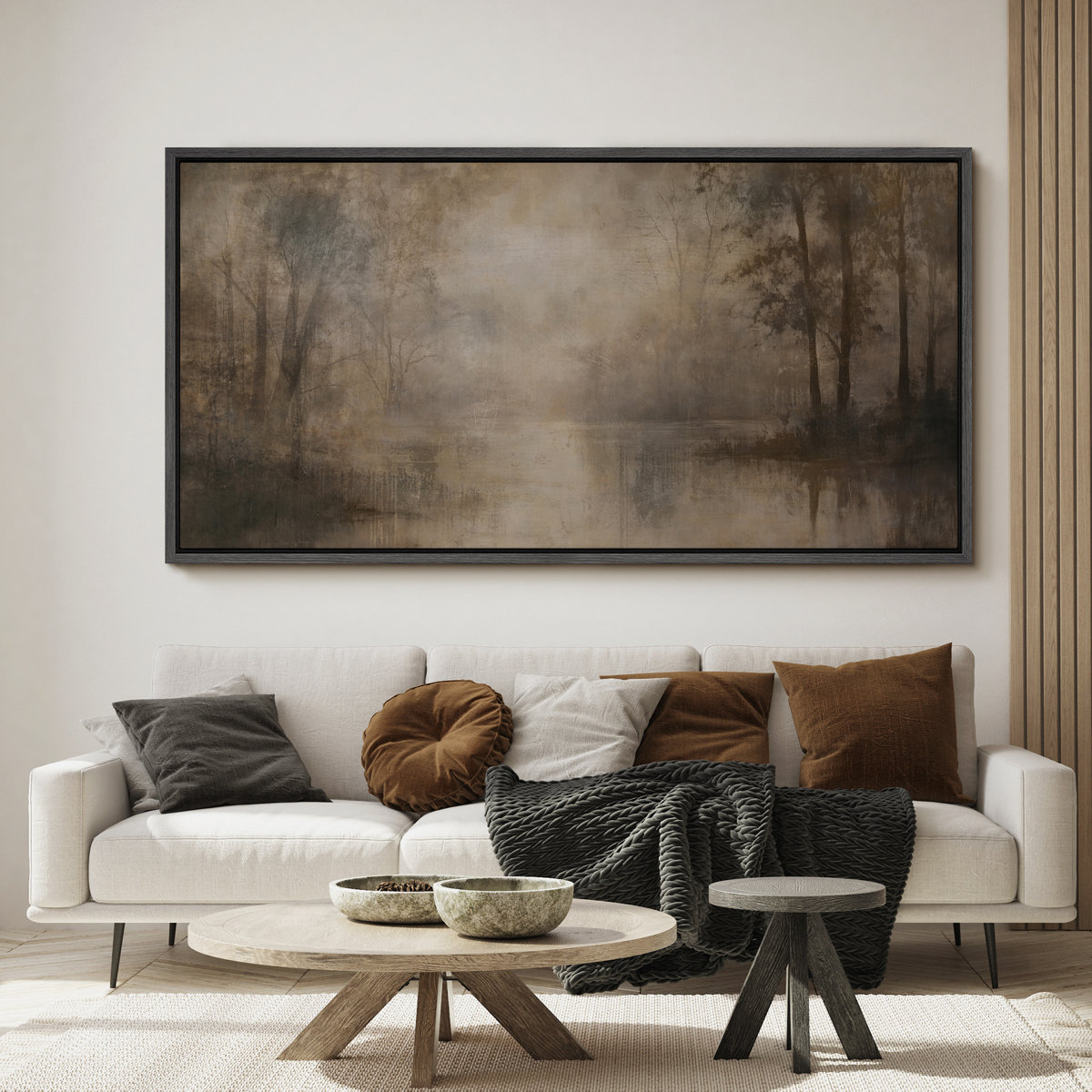 wall26 Misty Forest River Scene Framed Canvas Wall Art - Moody Neutral ...