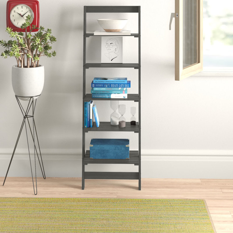 Lavish Home 16.25"L x 11.5"W x 50"H 5-Tier Ladder Style and Decorative Wooden Bookshelf (Gray), Gray