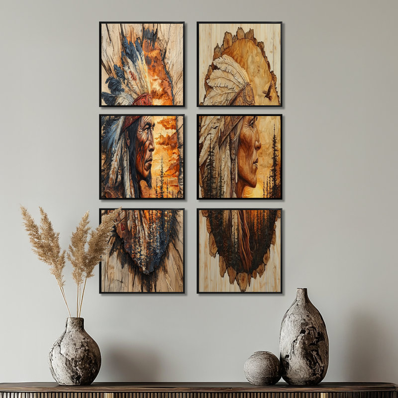 Native American Warrior Energy of Forest - People, ensemble de 6 reproductions d'art mural, Noir