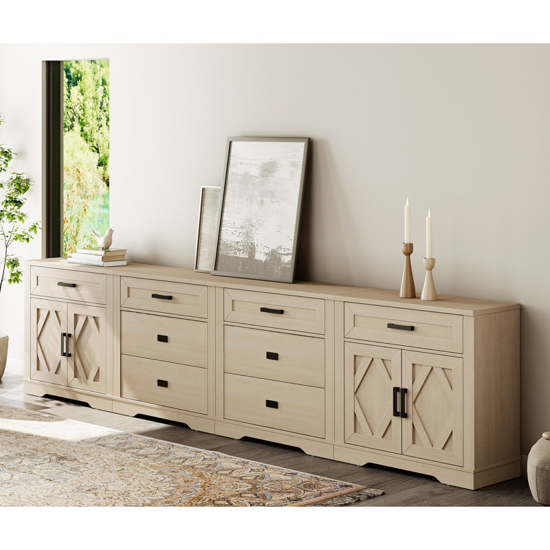 126"W Extra-Large File Cabinet, 4-In-1 Farmhouse  Office Storage Console With 6 Drawers And Storage Barn Door Sections, Spacious File Cabinet With Adjustable Shelves For Office, Bedroom,Beige