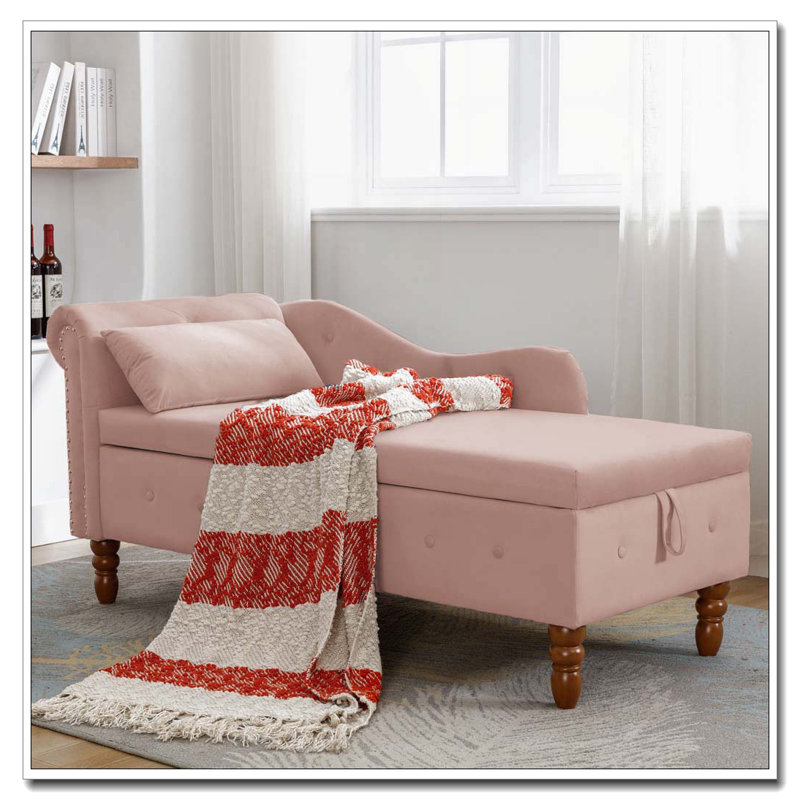 Chaise longue en velours avec rangement, coussin et garniture cloutée, Rose