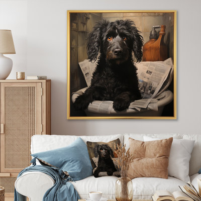 " Dog Reading Newspaper On Toilet "
