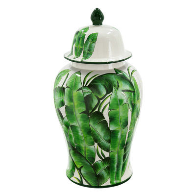 Jesu Temple Jar With Lid, White Green Palm Leaf Accent, 18 Inch Porcelain