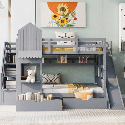 Full-Over-Full Castle Style Bunk Bed With 2 Drawers 3 Shelves And Slide - Gray(OLD SKU:LT000558AAE-2)