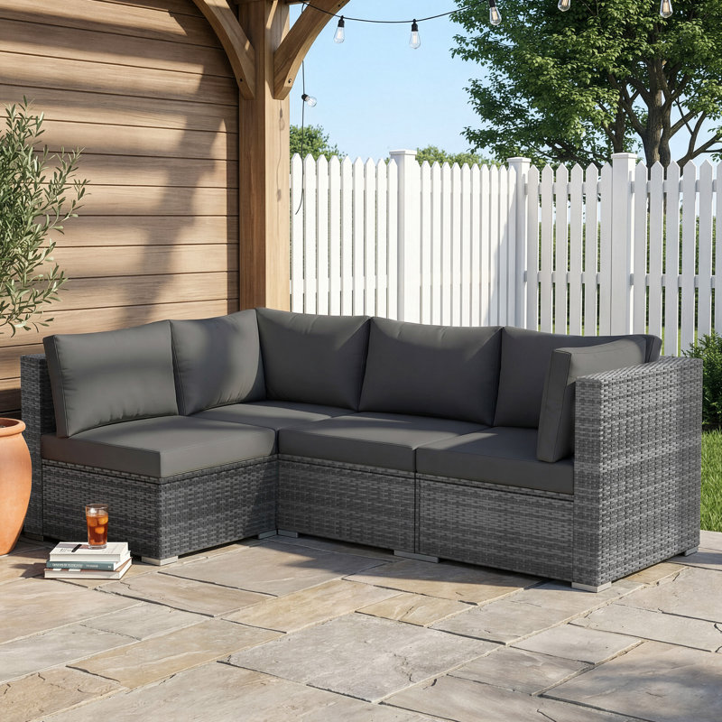 4-person Patio Conversation Sofa Set With 4" Cushions, 27.5" Modular Outdoor Sectional, Dark Gray Cushion/Gray Frame