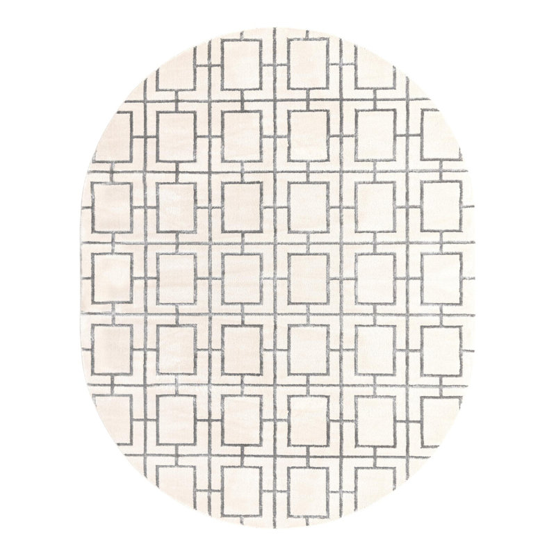 Glam Geometric White Silver Area Rug, Oval 7'10" x 10'