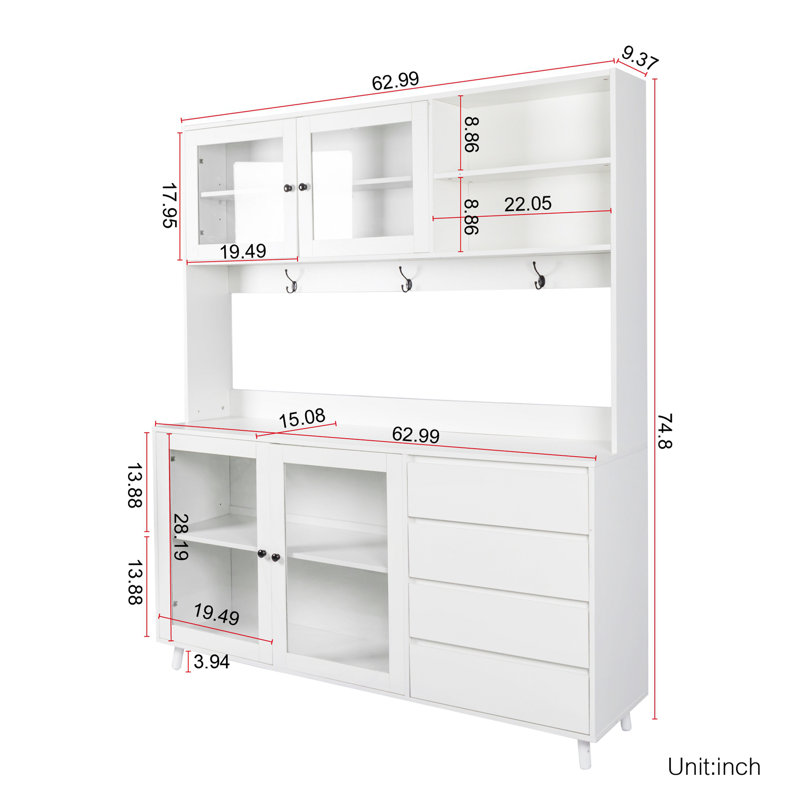 63" W Large Kitchen Hutch Cabinet, Freestanding Pantry Cabinets Storage Kitchen Cupboard With 4 Doors, 4 Drawers & Microwave Shelf