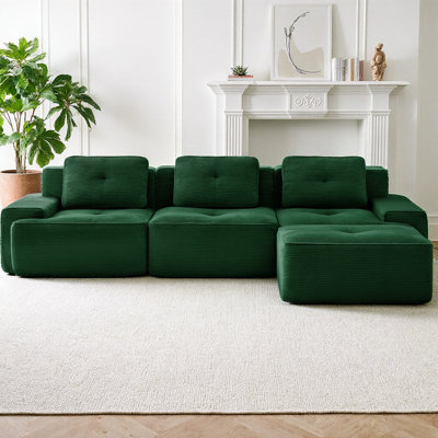 117" L-Shaped Modular Sectional Sofa with Movable Ottoman, Premium Corduroy Fabric 3-Seater Couch with Deep Seat, Tufted Design & No Assembly Required Anti-Slip Base