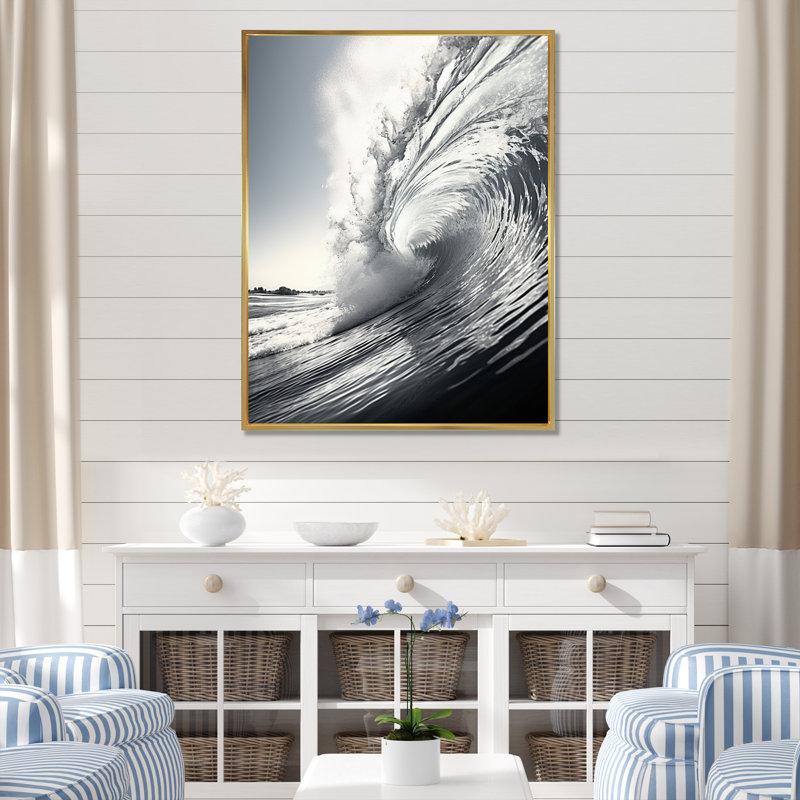 «Kohdyn Black and White Wave Photo II», reproduction sur toile flottante, H 20 po x l 12 po x P 1 po, Cadre flottant doré
