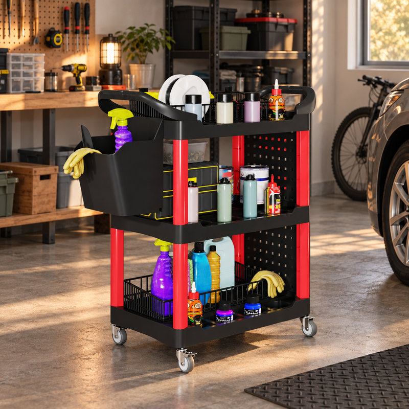 Chariot à outils roulant en plastique à 3 niveaux, panneaux perforés et bac, capacité de charge de 90 kg, idéal pour garage et atelier.
