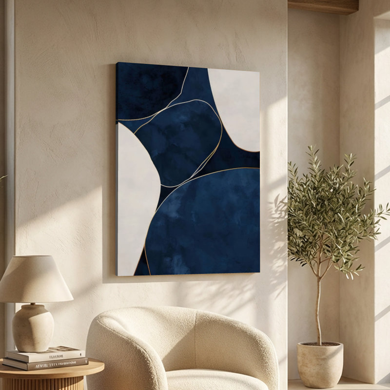 Abstrait bleu marine et blanc, formes superposées, impression sur toile tendue - H 36 po x l 24 po