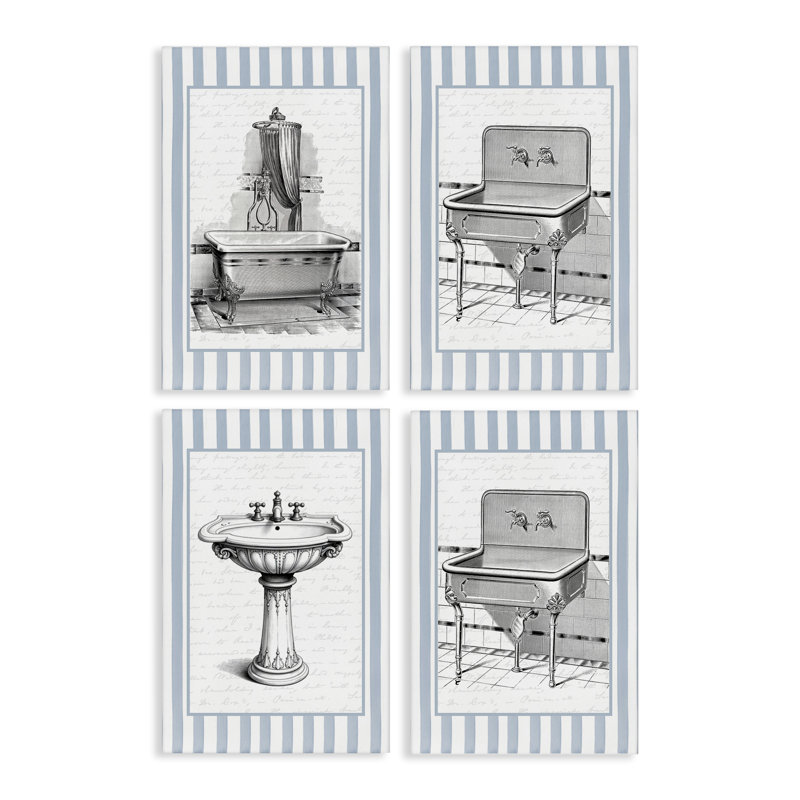 Ensemble de 4 salles de bain antiques à rayures bleues, lettré et doublé, H 30 po x l 80 po