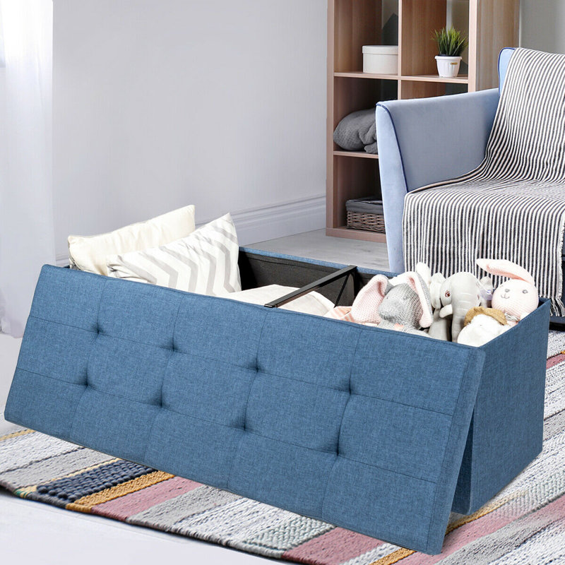 Banc de rangement à couvercle rabattable rembourré, Bleu