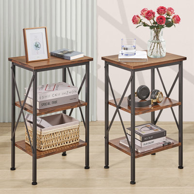 Set of 2 Industrial Brown 3-Tier Nightstand – Narrow Bedside Tables with Storage for Bedroom, Living Room, or Small Spaces