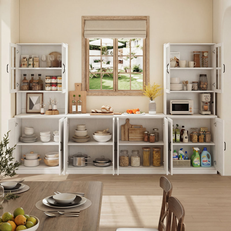  Garde-manger 71 po avec bibliothèques, meuble télé de ferme de 94,5 po pour téléviseur de 70 po ou moins, Blanc