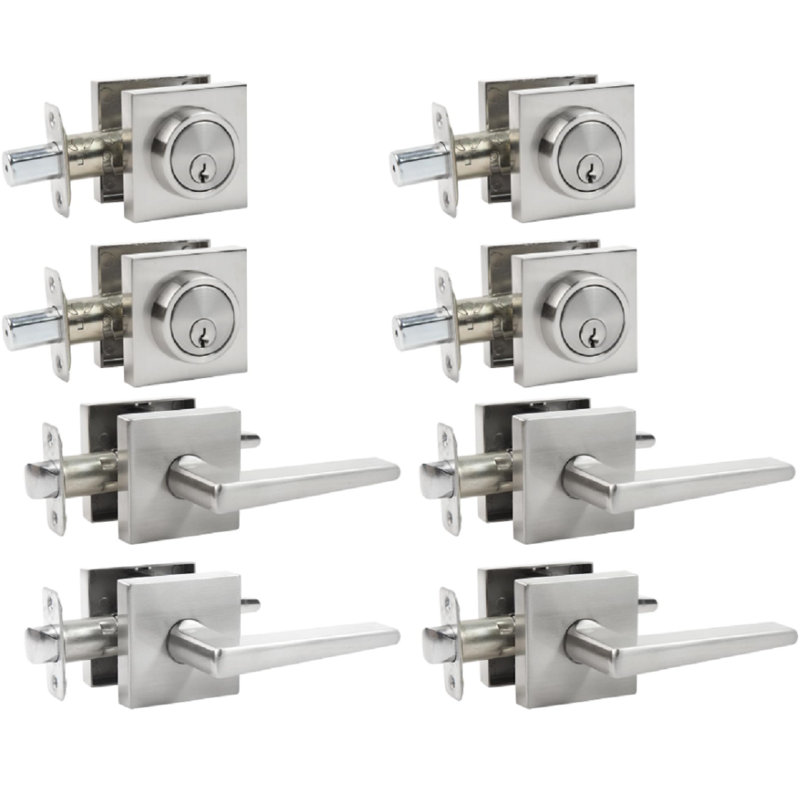 Poignée et verrou de porte d'entrée, poignée extérieure carrée robuste avec verrou pour porte d'entrée, ensemble de serrure de porte d'entrée en nickel brossé, lot de 4