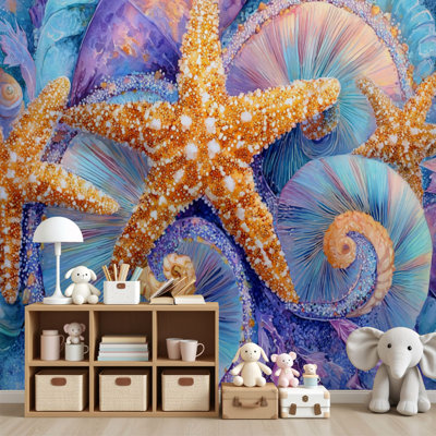 Papier peint à peler et coller Faune, coquillages modernes, étoile de mer bleue, coquillages, corail, pièces murales, H 100 po x l 144 po, papier peint amovible en PVC, adhésif mural pour chambre à coucher, bureau à domicile