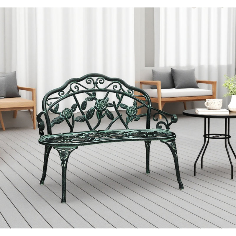 Banc d'extérieur en métal au look unique, pieds inclinés, largeur 21,25 po pour le porche, fabrication en aluminium coulé, poids de 22 lb