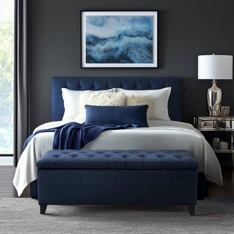Maniscalco Navy Fully Upholstered Flip-Top Tufted Storage Bench, Navy