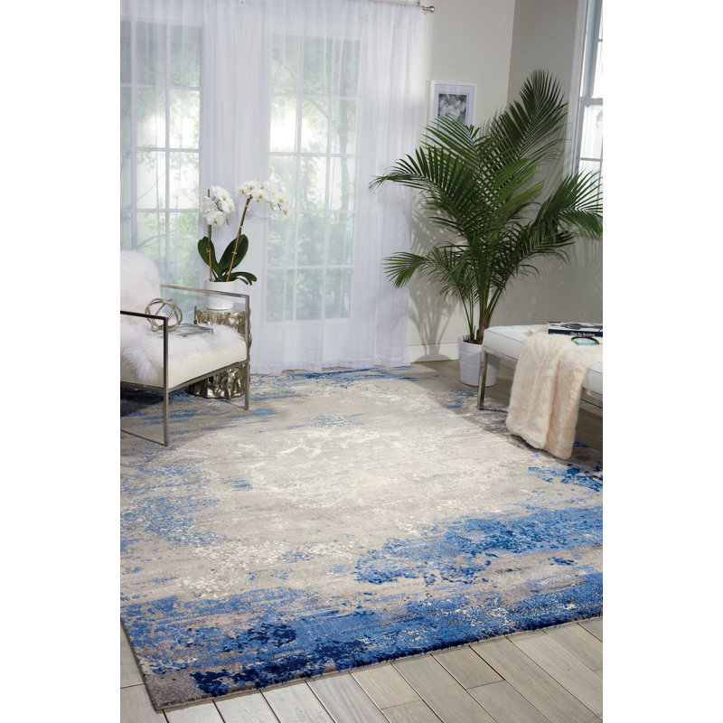 Tapis abstrait bleu / gris Haseltine, Rectangle 8 pi 6 po x 11 pi 6 po