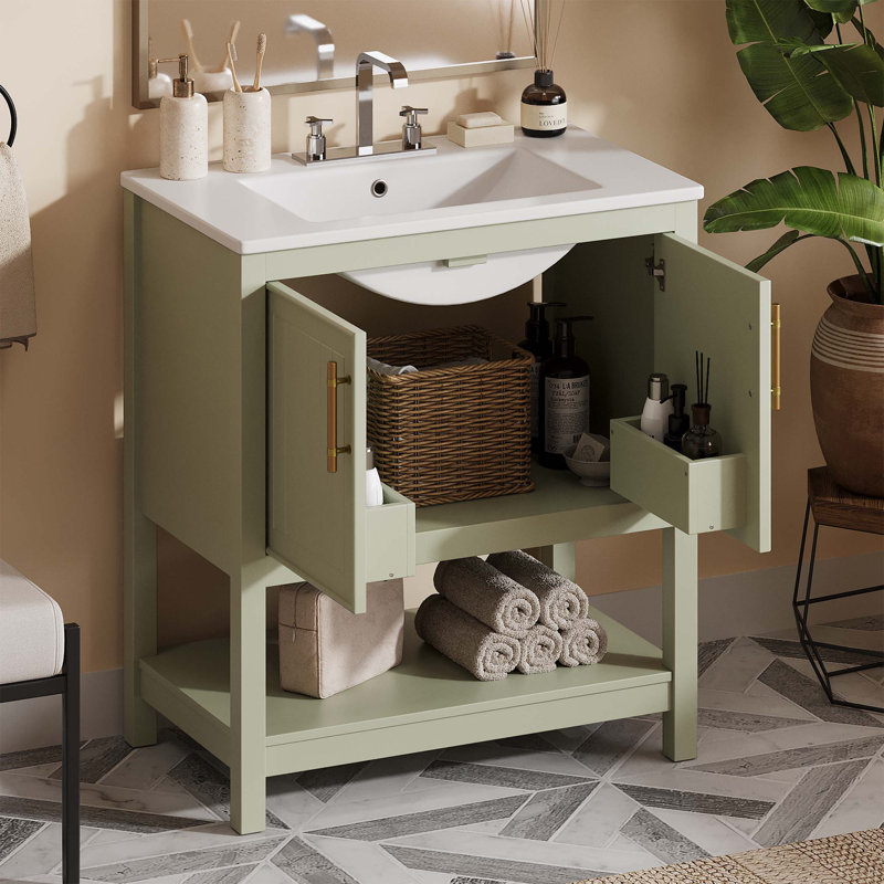 Meuble-lavabo blanc 30 po avec lavabo en céramique et rangement polyvalent, Vert