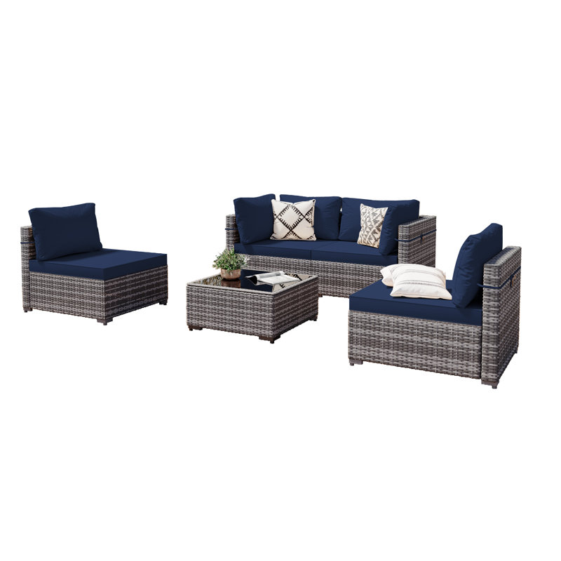 Ensemble de conversation en rotin 5 pièces avec coussins Chucky, Navy Blue