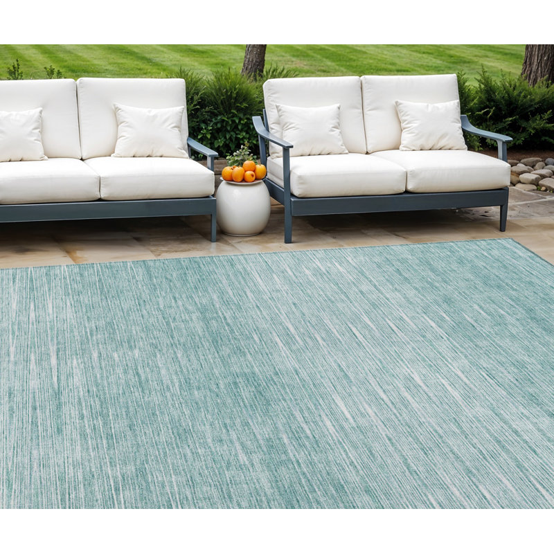 Tapis extérieur lavable abstrait 8 pi x 10 pi turquoise et ivoire
