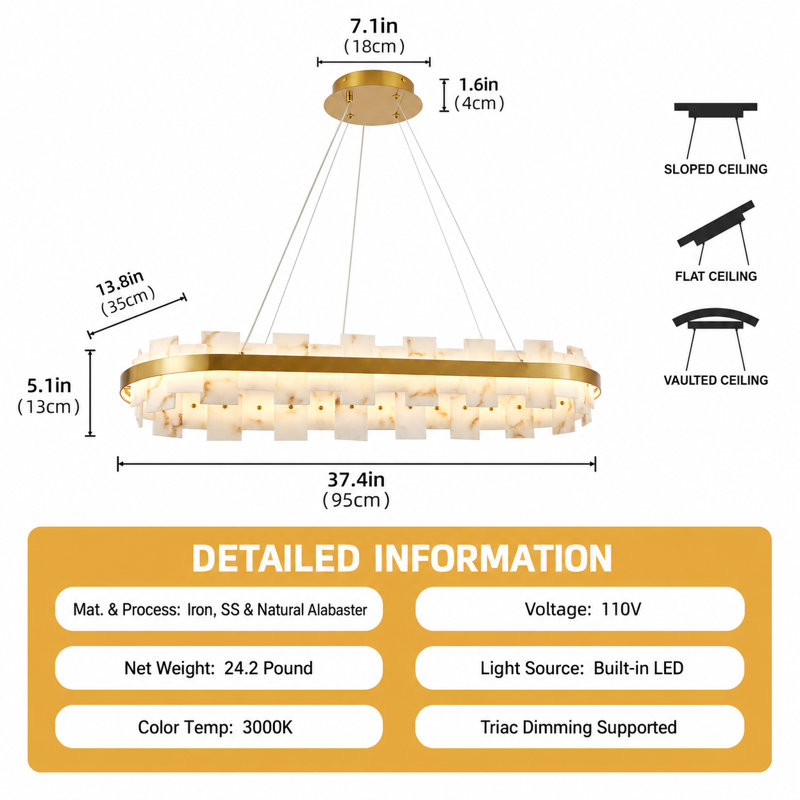 Luminaire suspendu rectangulaire Alabaster, 37*14inch