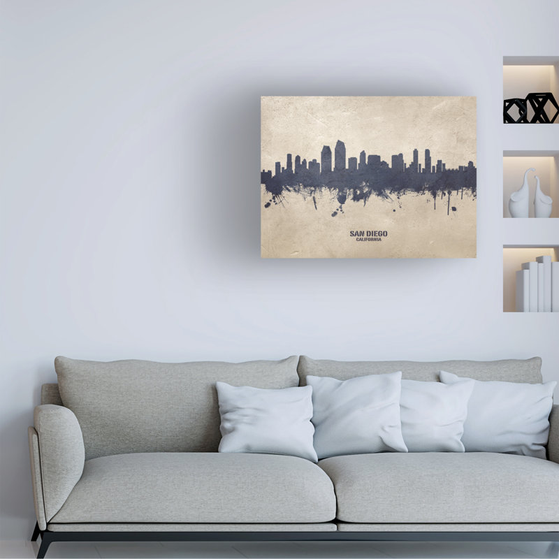 «San Diego California Skyline Concrete» par Michael Tompsett, impression sur toile tendue, H 35 po x l 47 po x P 2 po