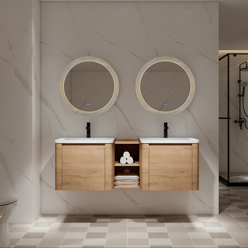 Meuble-lavabo mural avec double lavabo en céramique, rangement ouvert et porte à fermeture en douceur, 60"