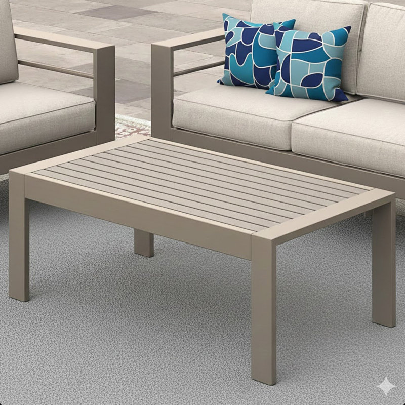 All-Weather Metal Outdoor Coffee Table With Wood-Look Top, Khaki