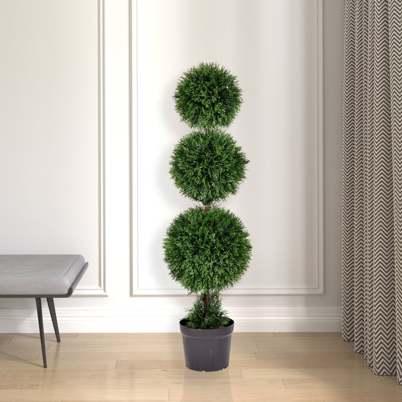 Elegant White Triple Ball Boxwood Topiary with Lights - 49" Outdoor Centerpiece