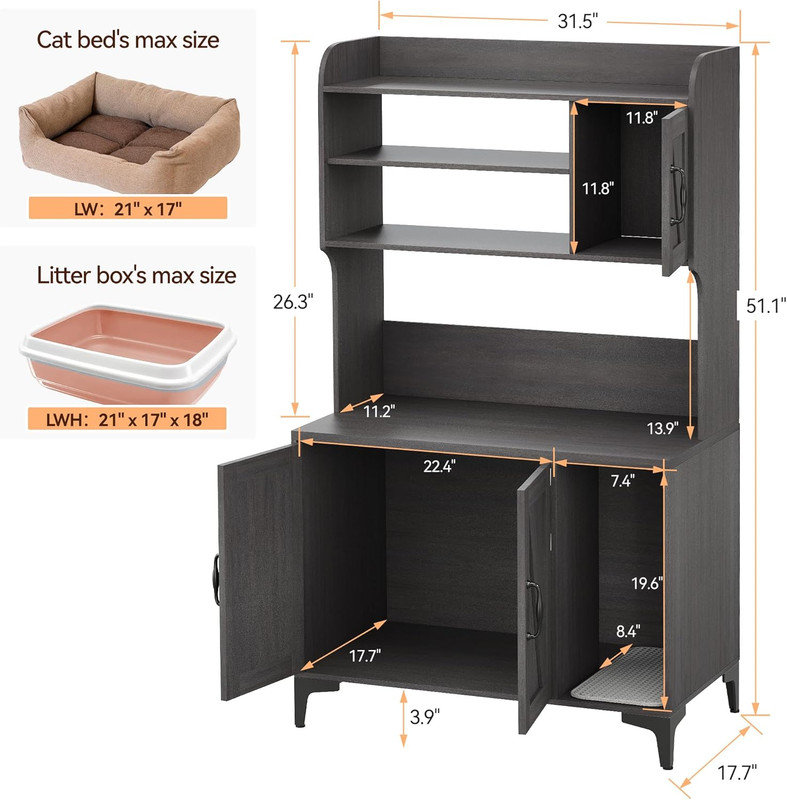 Enceinte de litière pour chat avec tablettes et portes, litière cachée en bois avec rangement, maisonnette pour chat d'intérieur