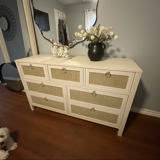 Pomodoro 51" W Rattan 7-Drawer Dresser With Golden Handles, Coastal Boho Bedroom Storage Chest - White Cream Oak/Gold