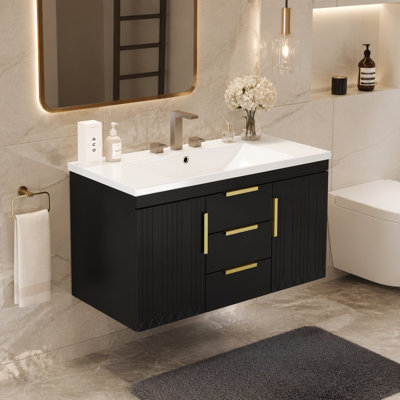 Meuble-lavabo mural 36 po avec lavabo en résine, armoire de rangement flottante avec 2 tiroirs, armoire de salle de bain en bois massif